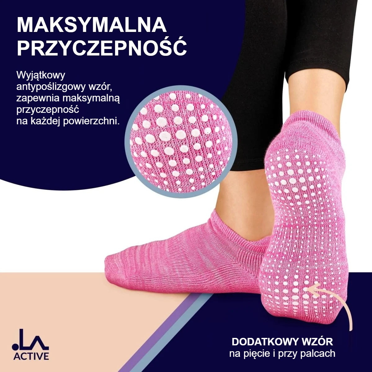Różowe skarpetki antypoślizgowe z dodatkowym wzorem na pięcie i palcach