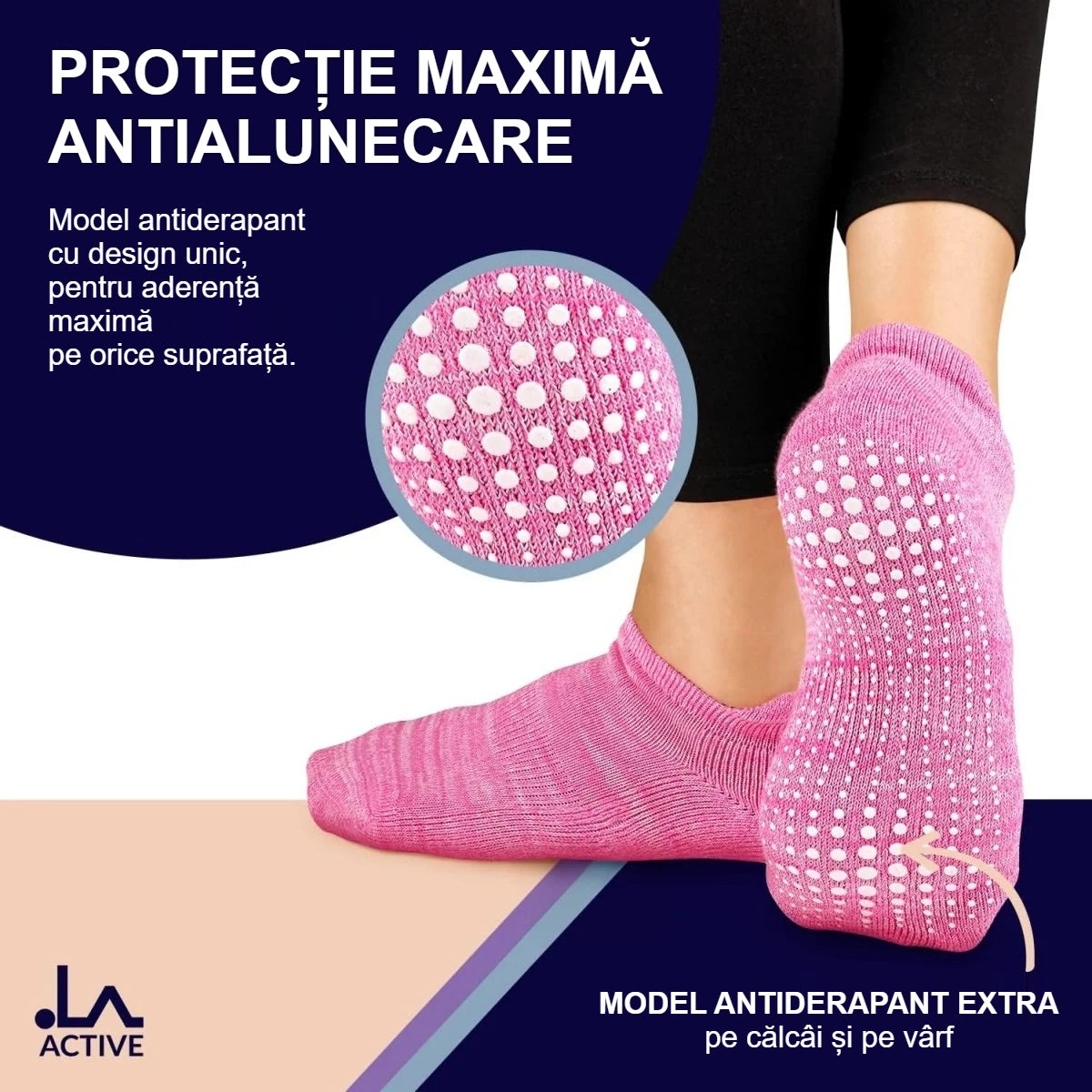 Șosete antiderapante roz, cu model antiderapant extra pe călcâi și vârf
