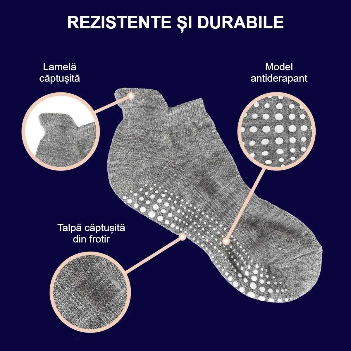 Detaliile șosetelor antiderapante gri: lamelă căptușită, talpă din frotir, model antiderapant