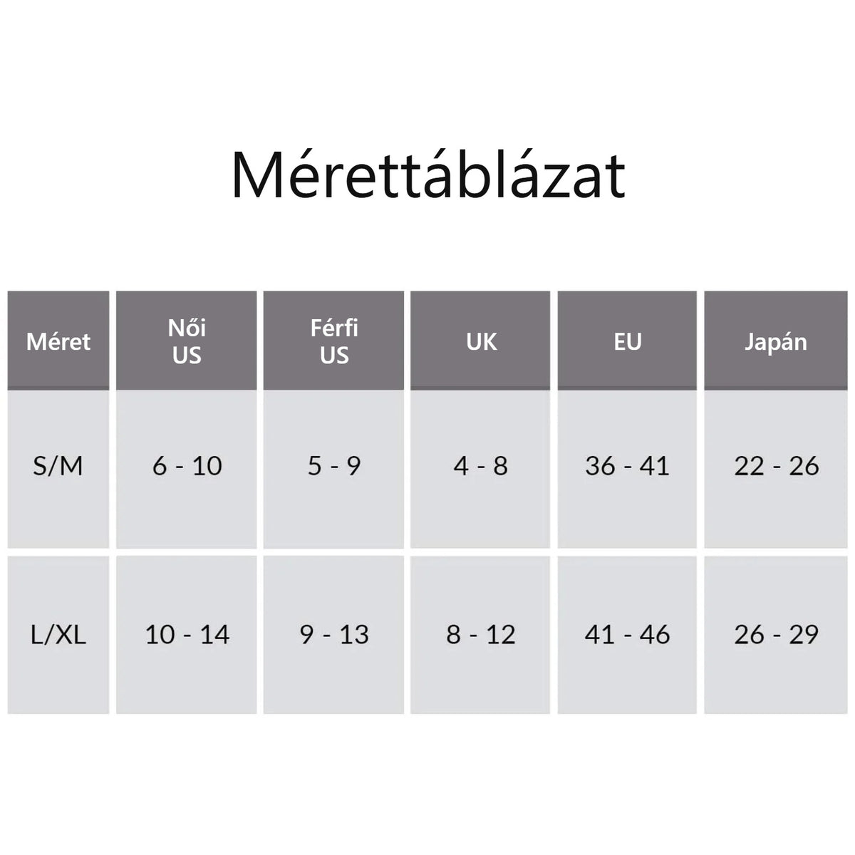Bolyhos zokni mérettáblázat: S/M 36–41, L/XL 41–46