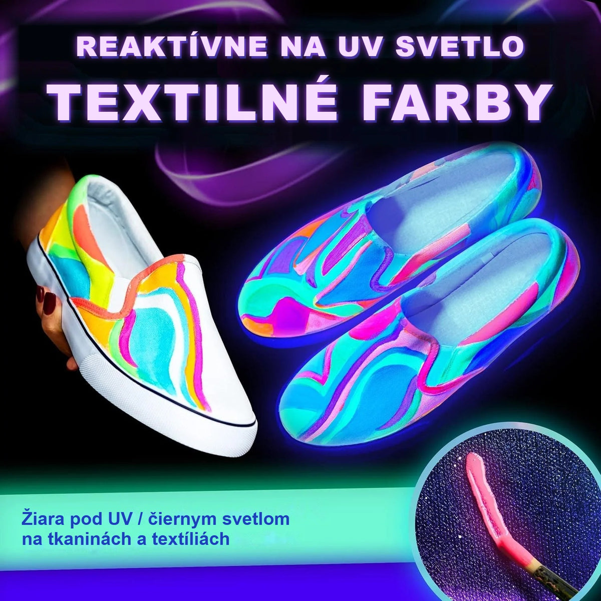 Topánky namaľované UV textilnou farbou svietia pod čiernym svetlom
