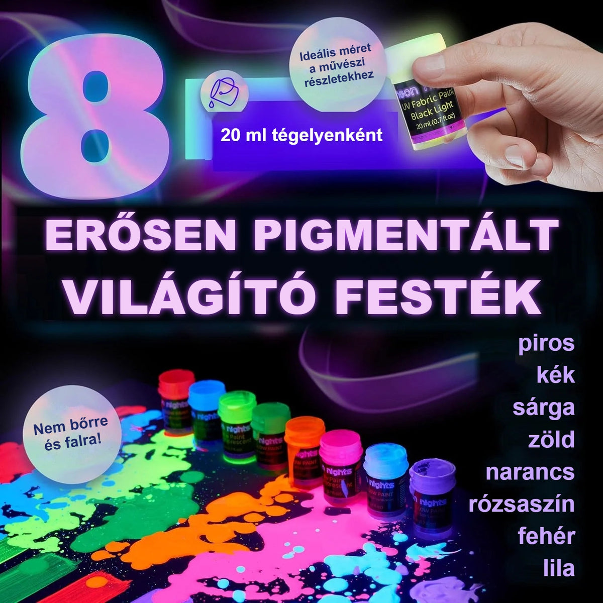 Neon textilfesték 8 erősen pigmentált színe, 20 ml-es tégelyekben