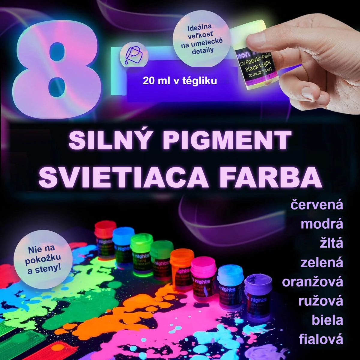 8 vysoko pigmentovaných neónových textilných farieb v 20 ml tégliku