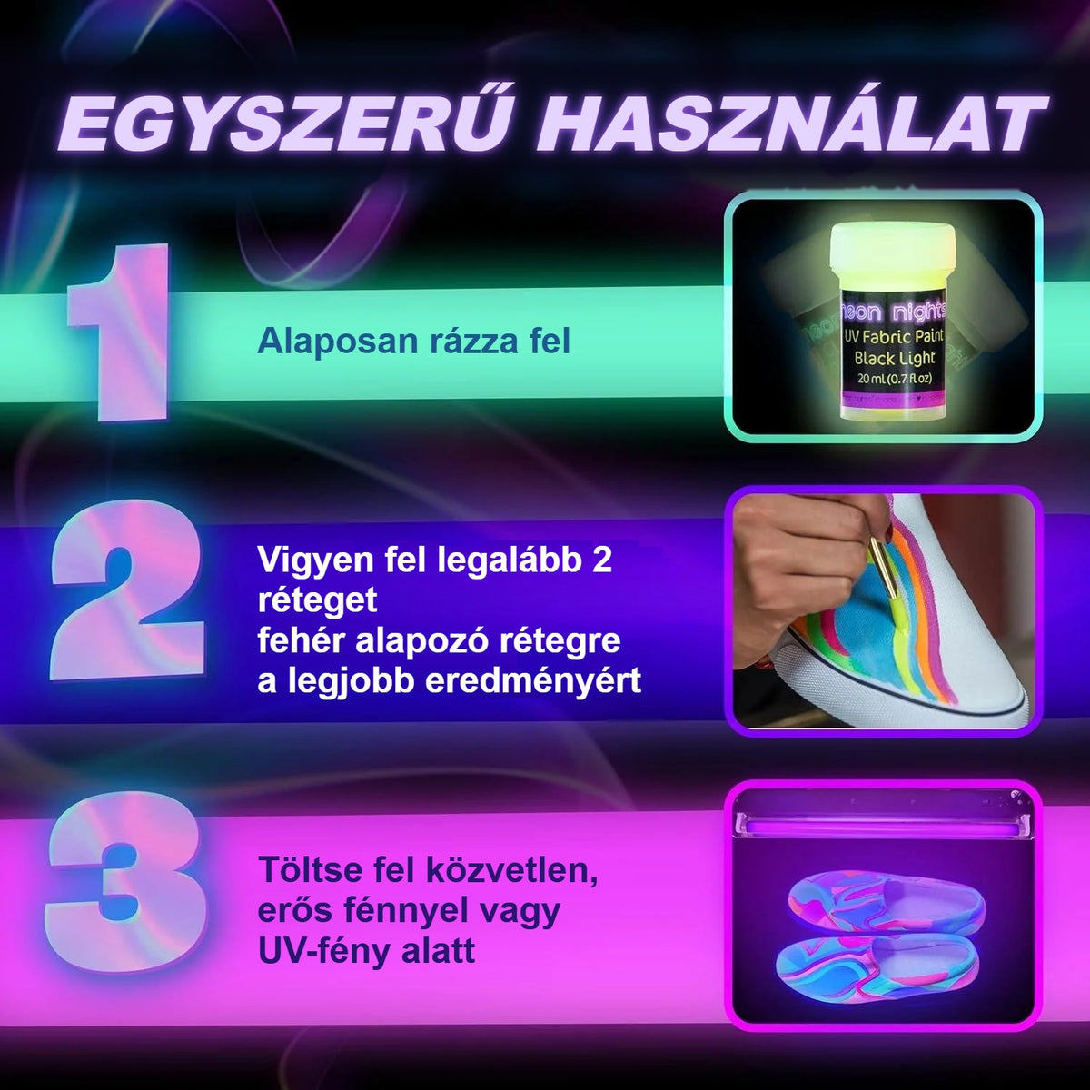 Textilfesték használata 3 lépésben: felrázás, 2 réteg fehér alapra, feltöltés fénnyel
