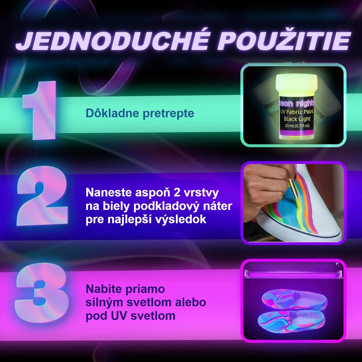 Použitie textilnej farby v 3 krokoch: pretrepanie, 2 vrstvy na biely podklad, nabitie svetlom