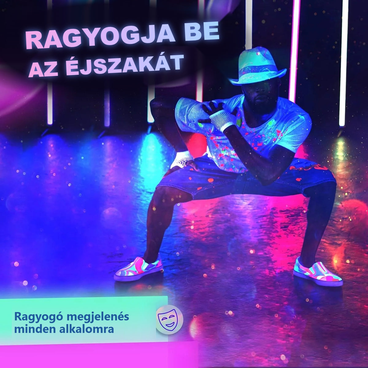 Táncos UV fényben világító neon festett ruhában