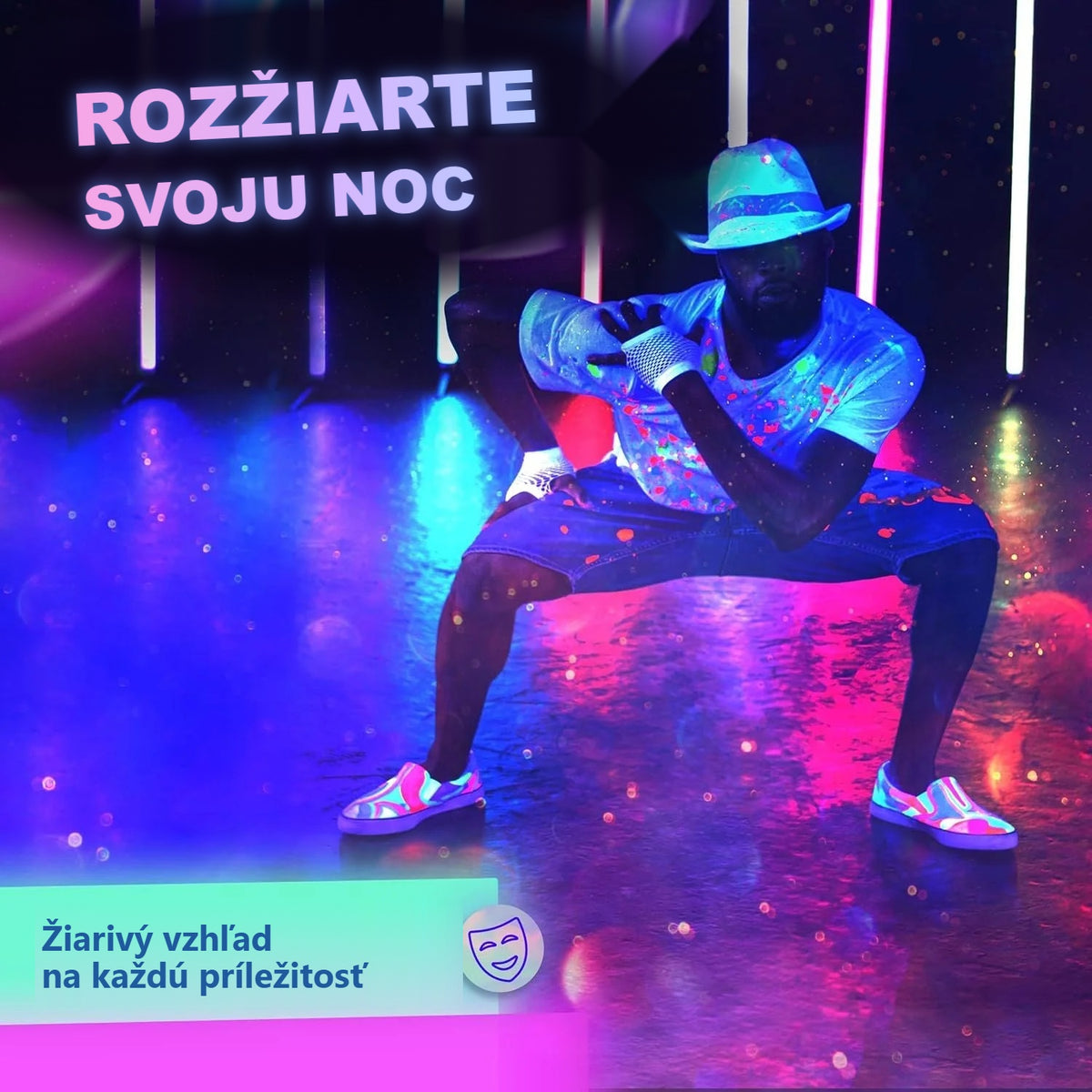 Tanečná scéna: oblečenie namaľované neónovou farbou svieti pod UV svetlom