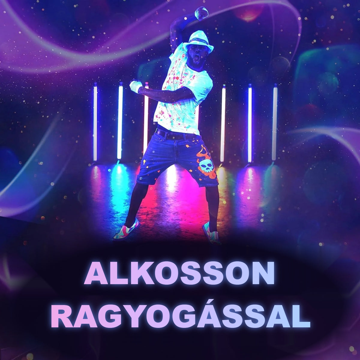 UV fényben világító neon textilfestékkel festett ruha egy buliban
