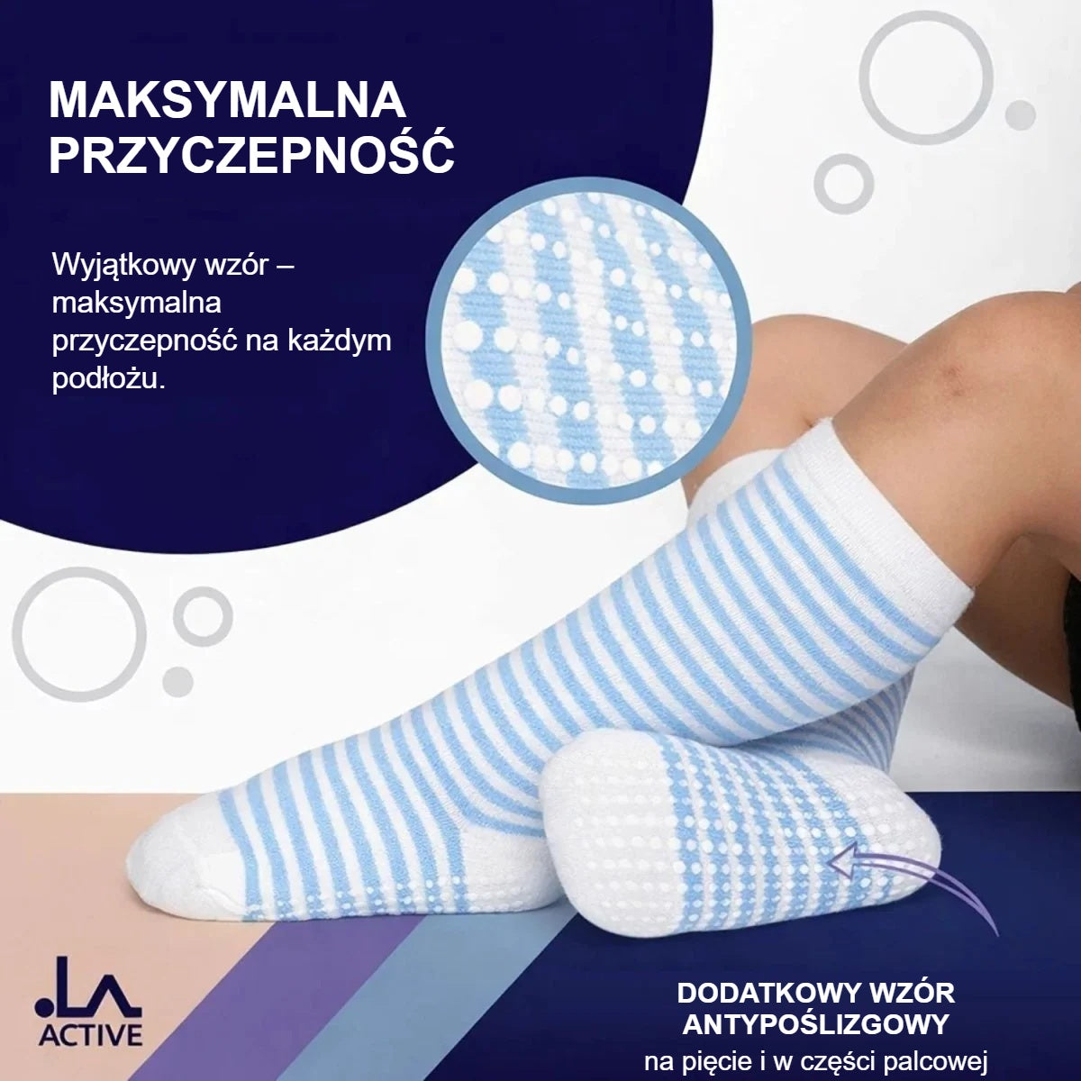 Podeszwa podkolanówek antypoślizgowych z dodatkowym wzorem na pięcie i palcach