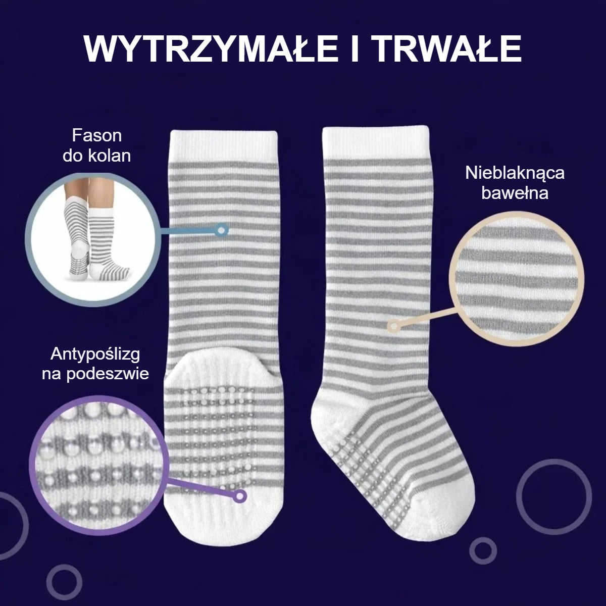Detale szarych podkolanówek w paski: fason do kolan, antypoślizgowa podeszwa, mieszanka bawełny