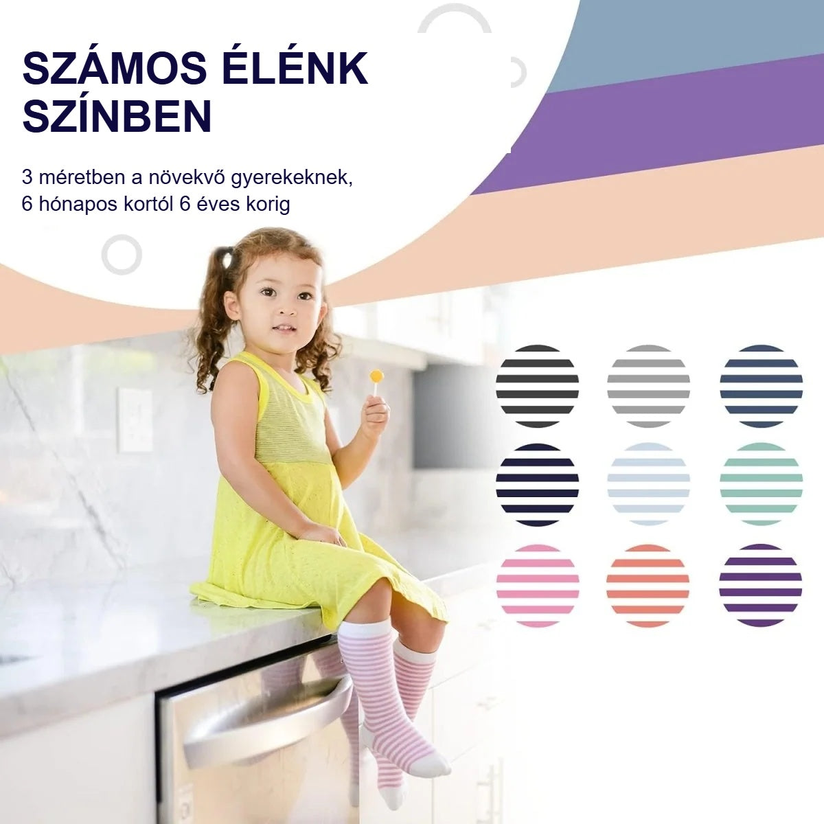 Kislány csíkos térdzokniban, mellette a választható színösszeállítások