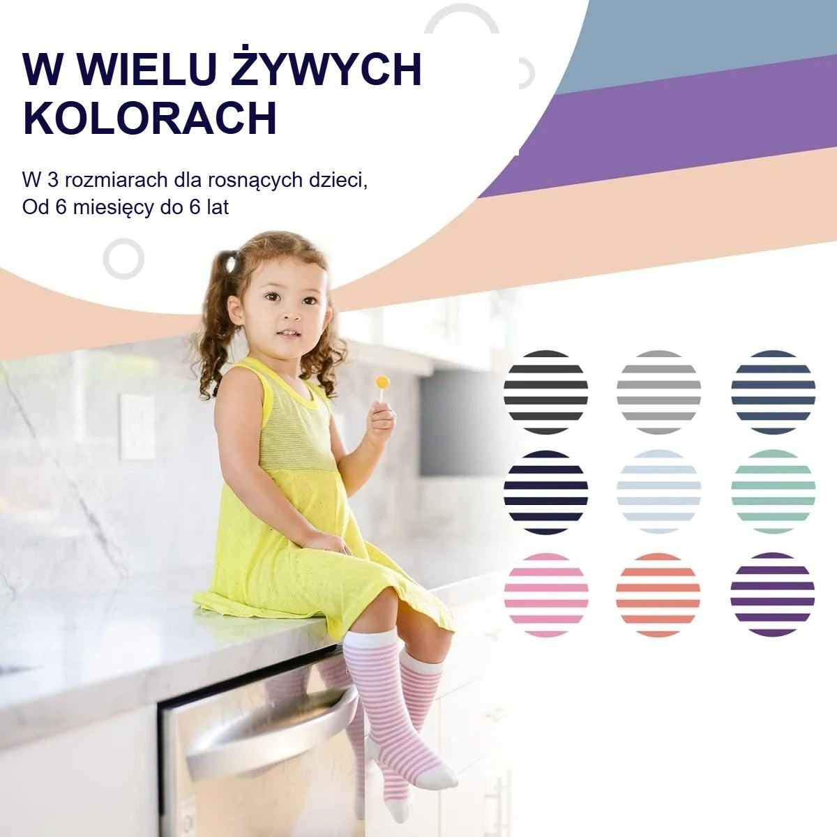 Dziewczynka w podkolanówkach w paski, obok dostępne zestawy kolorów