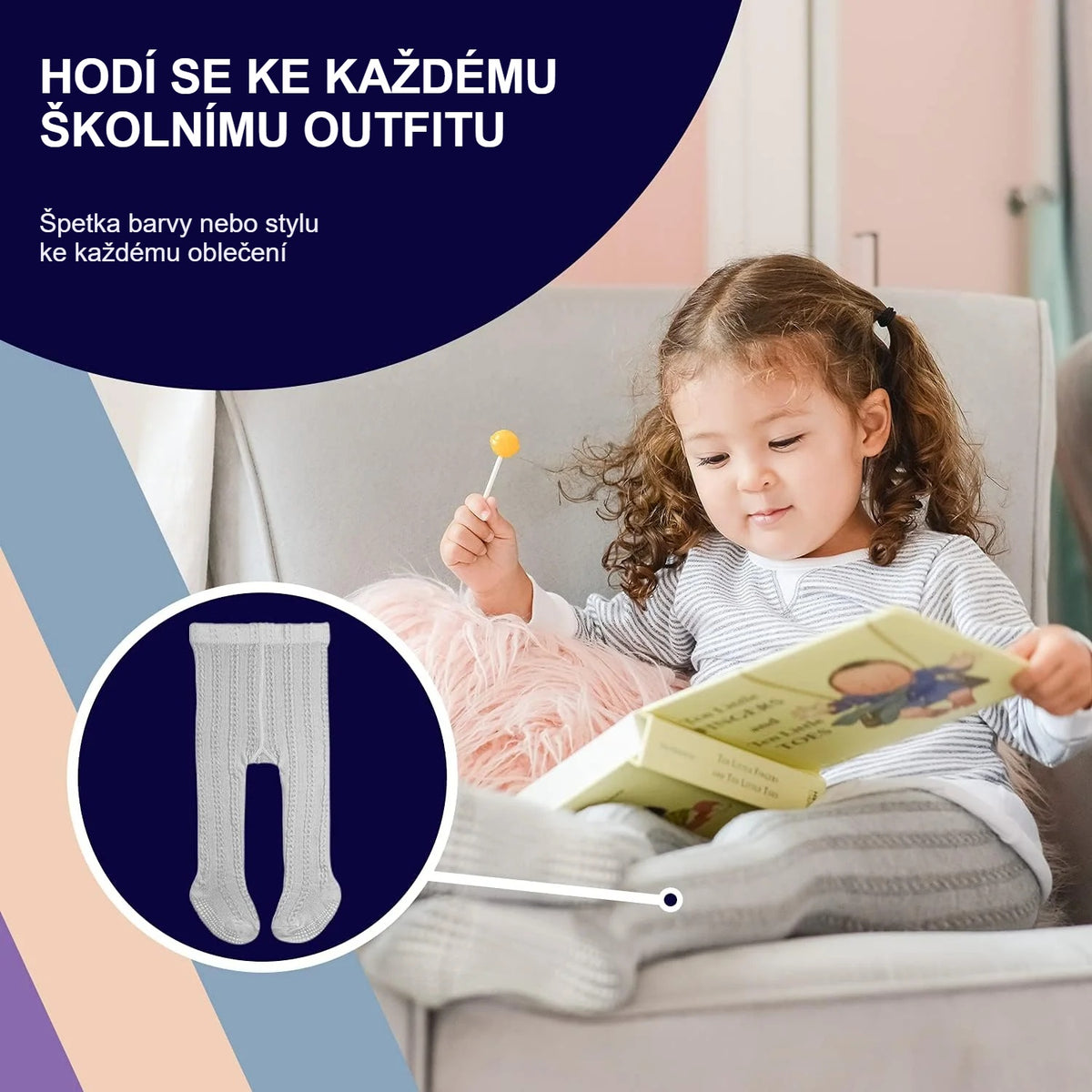 Holčička v pletených punčocháčích se vzorem čte knížku