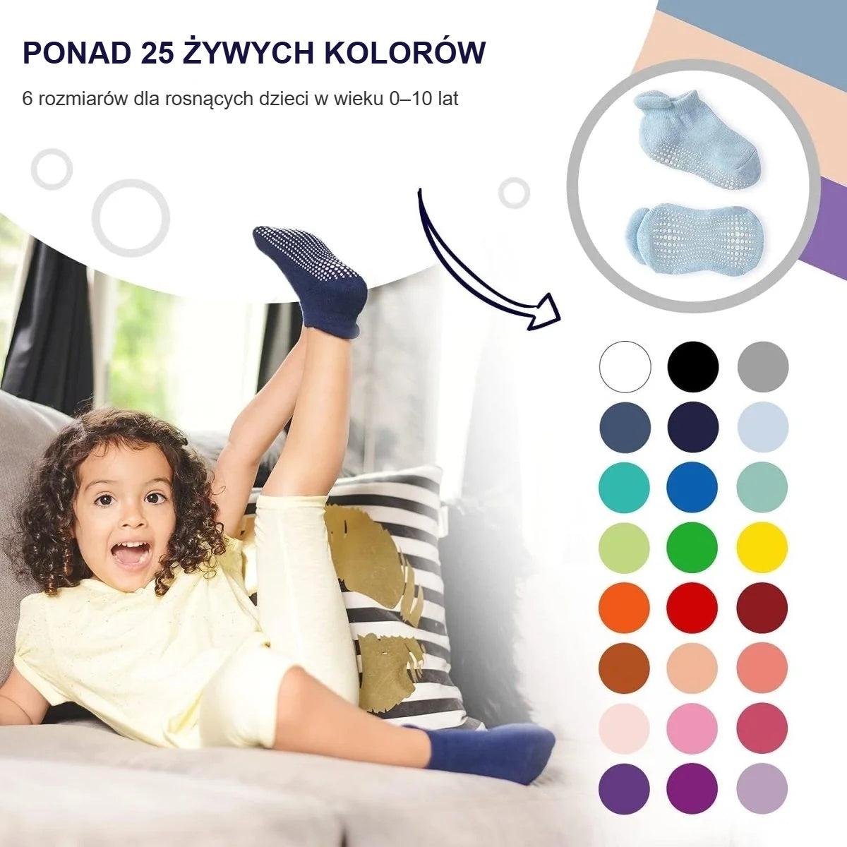 Kolory antypoślizgowych skarpetek dla dzieci, dziewczynka w skarpetkach na kanapie