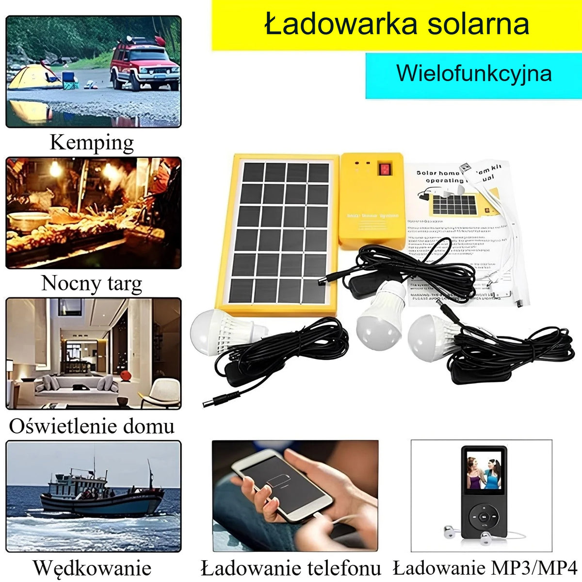 Ładowarka solarna na kempingu, na rybach i podczas przerwy w dostawie prądu