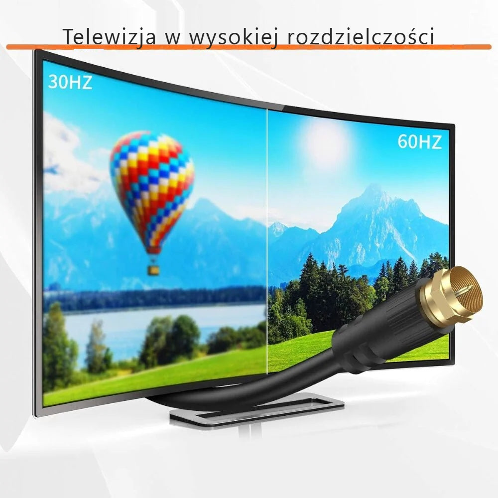 Kabel antenowy koncentryczny przed zakrzywionym telewizorem z ostrym obrazem