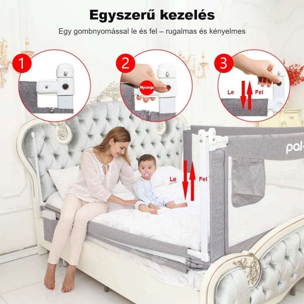 Anya és gyermek az ágyon, a leesésgátló leengedése gombnyomásra 3 lépésben
