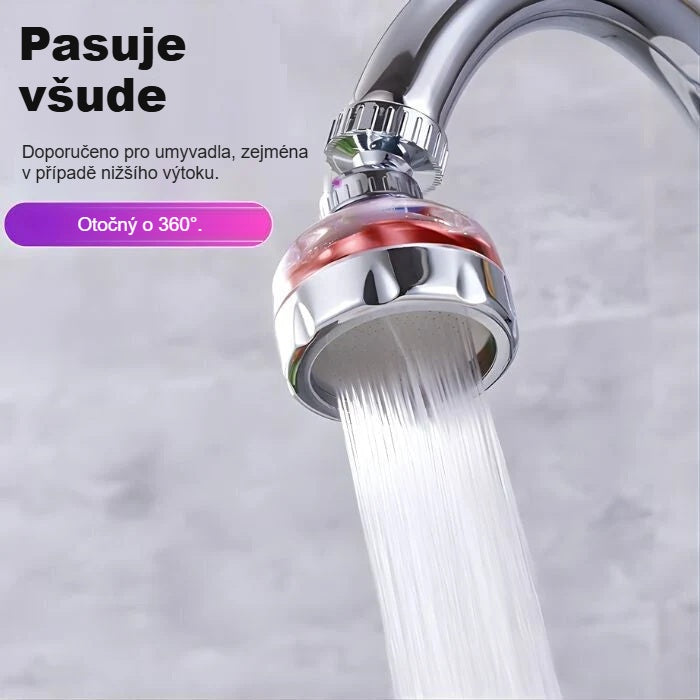 Univerzální úsporná hlavice s proudem vody a krátkým popisem