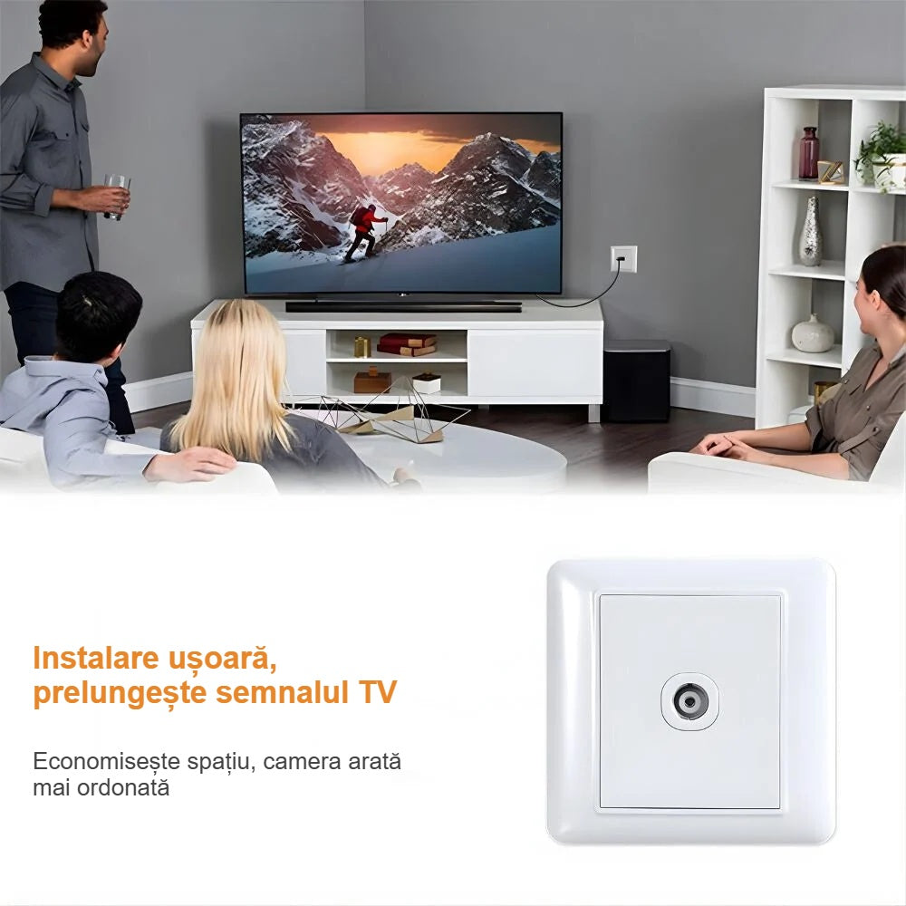 Cablu de antenă între priza TV de perete și televizor, în sufragerie