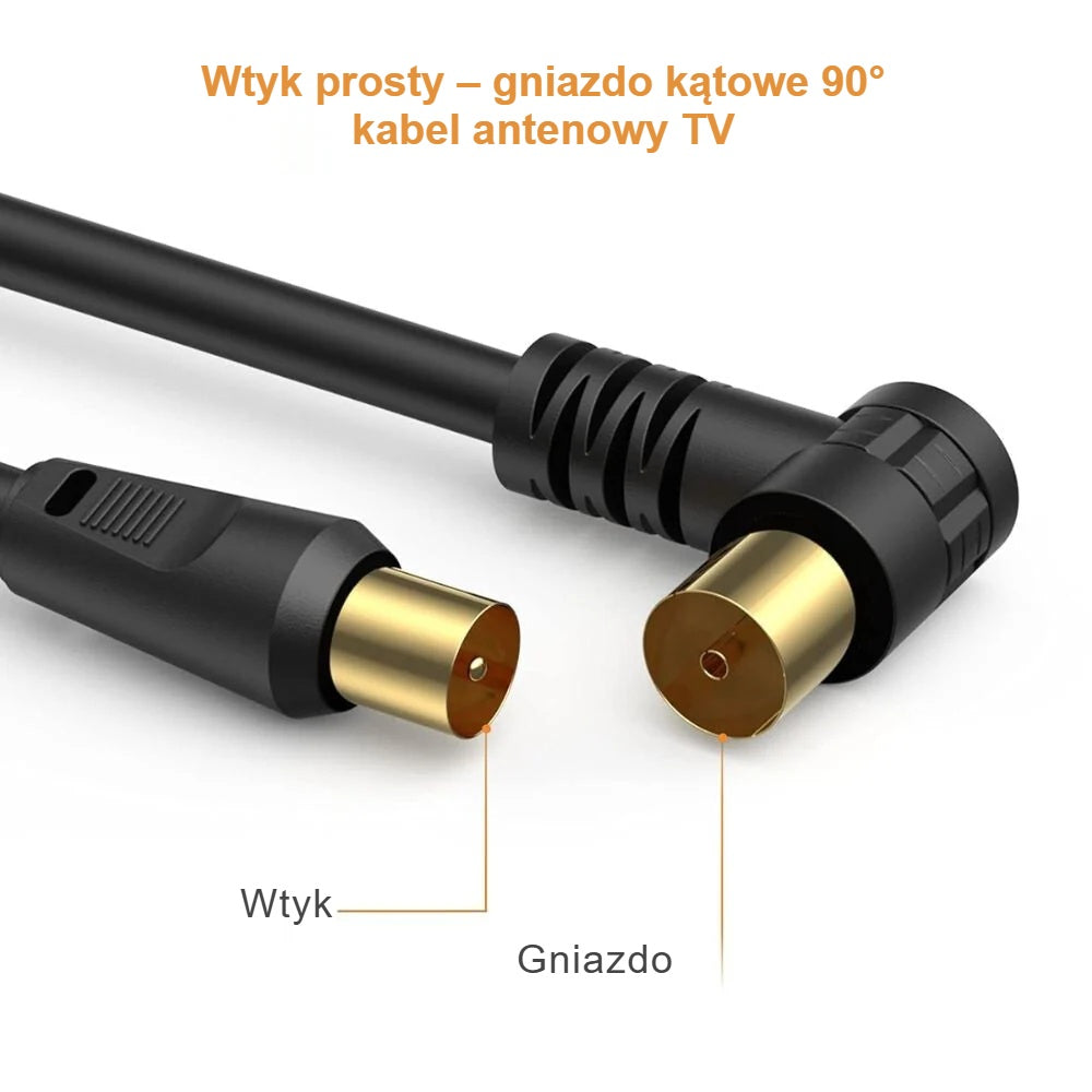 Prosty wtyk i kątowe gniazdo 90° na kablu antenowym TV