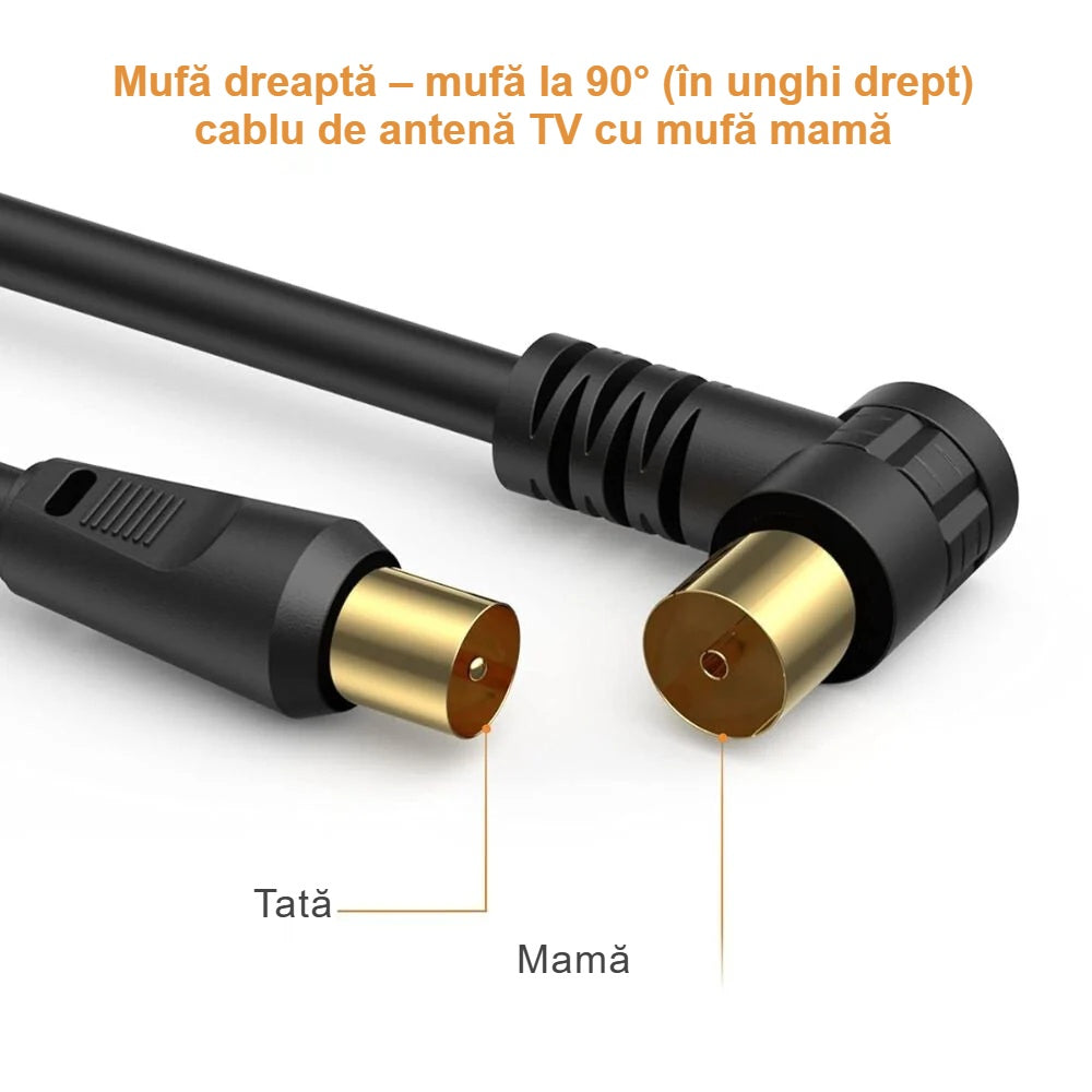 Mufă dreaptă și conector mamă la 90° pe cablul de antenă TV