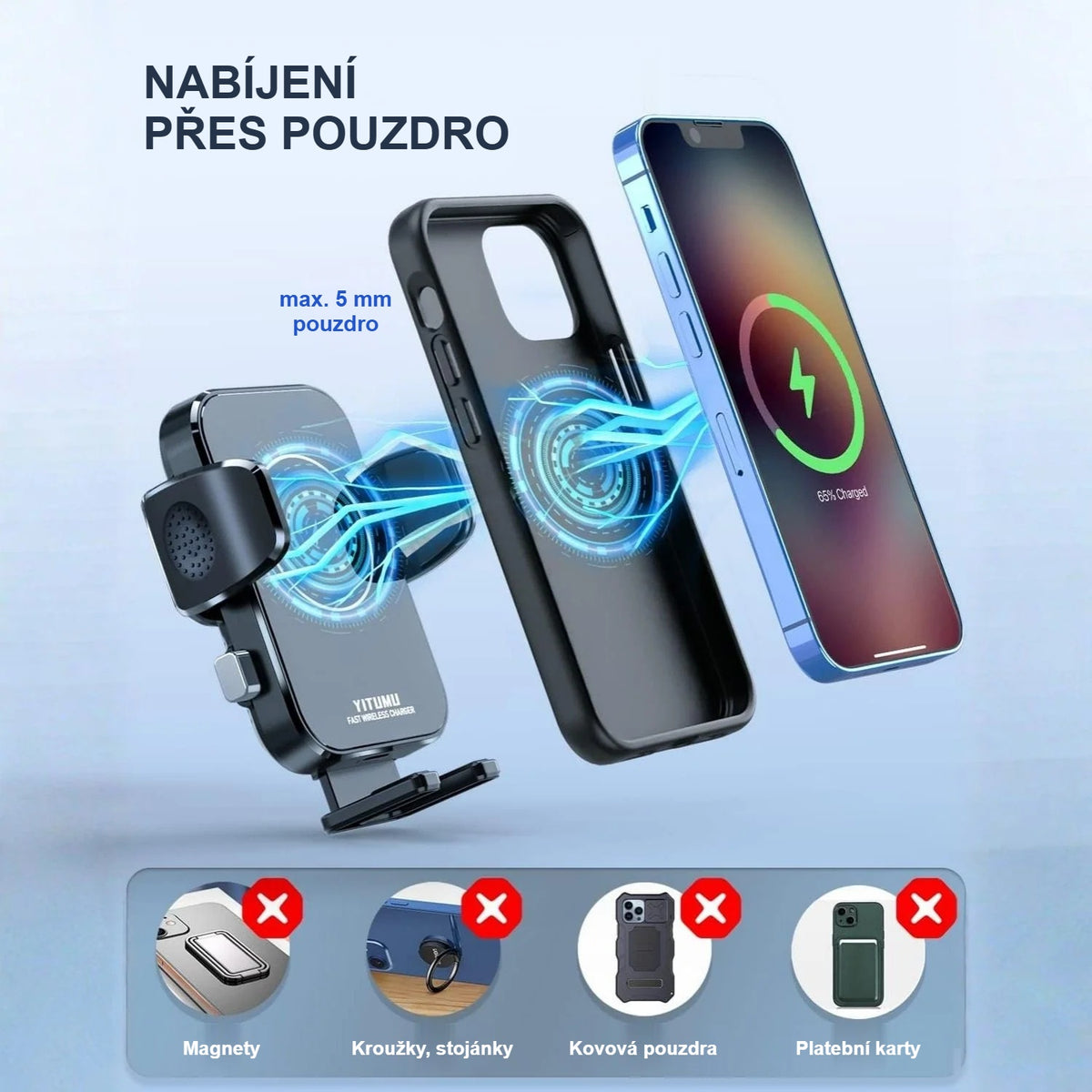 Nabíjení přes pouzdro; magnet, kroužek, kovové pouzdro a platební karta ho blokují