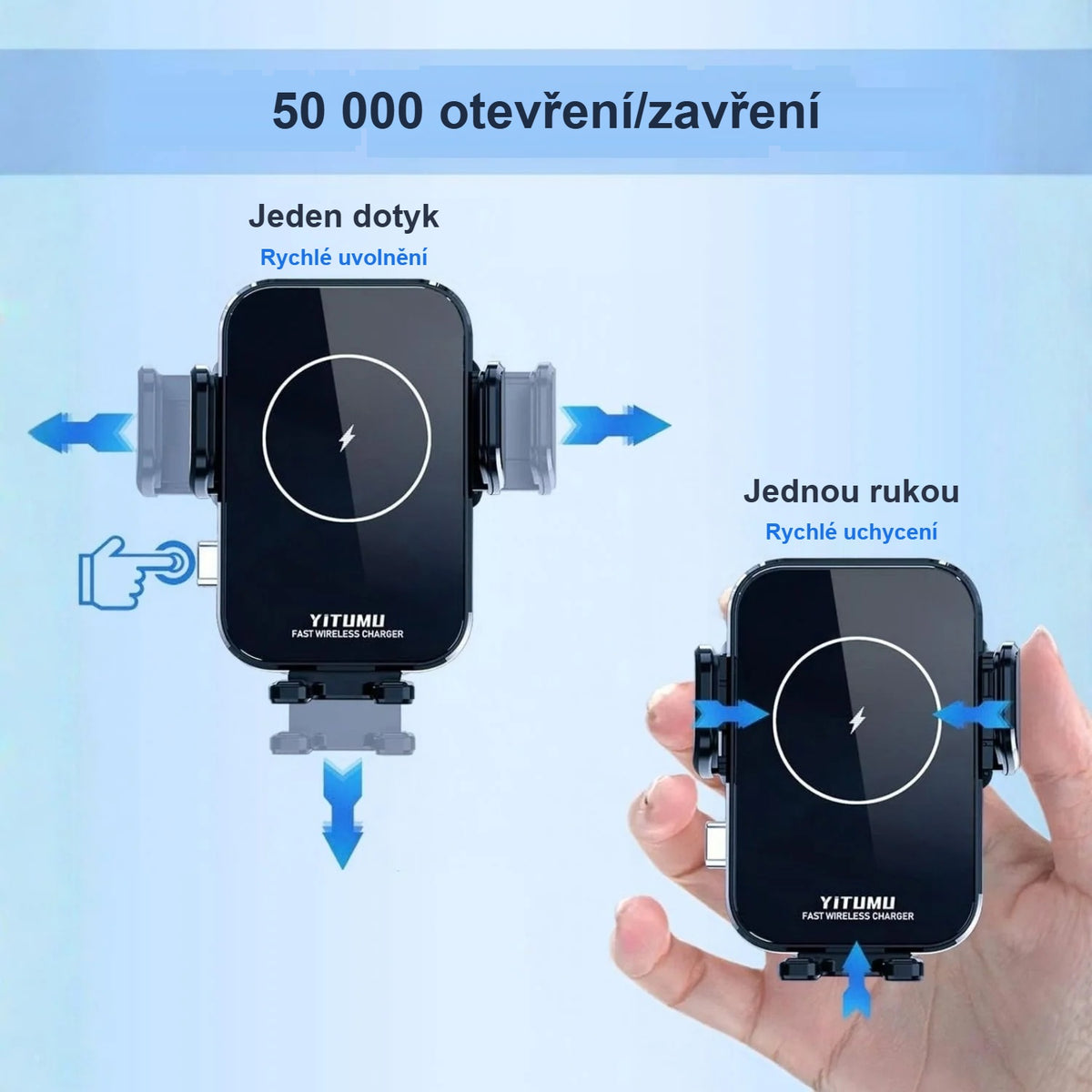 Uchycení telefonu v držáku nabíječky jednou rukou a uvolnění jedním tlačítkem