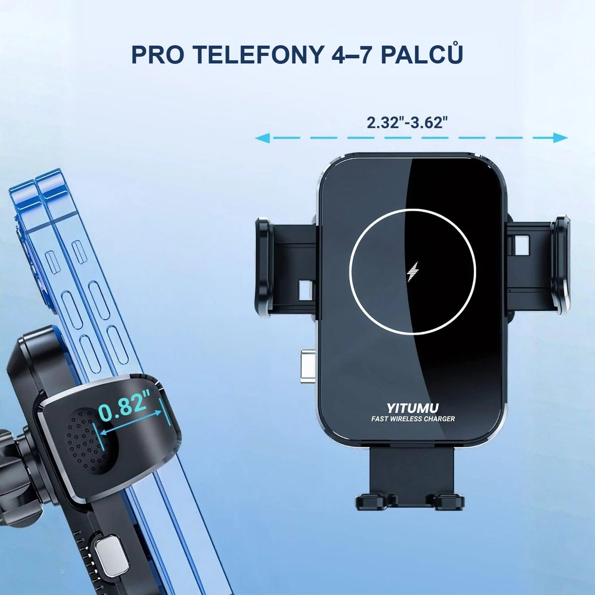 Bezdrátová nabíječka do auta s držákem pro telefony 4–7 palců, šířka bočních ramen