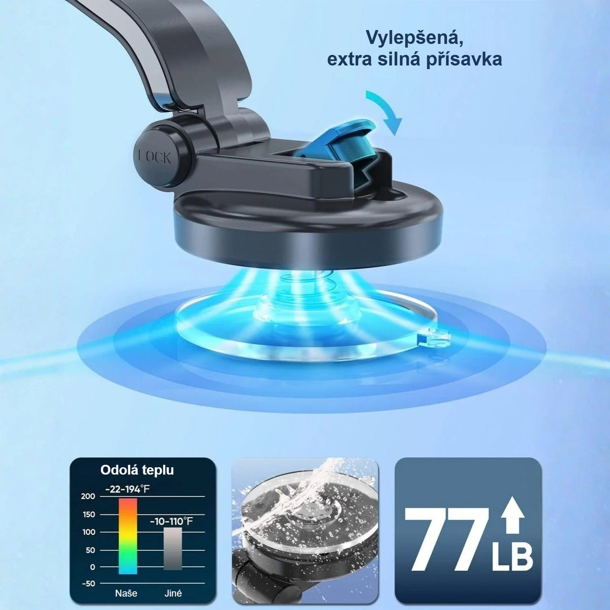 Extra silná přísavka nabíječky do auta, odolnost vůči teplu a přídržná síla 77 liber