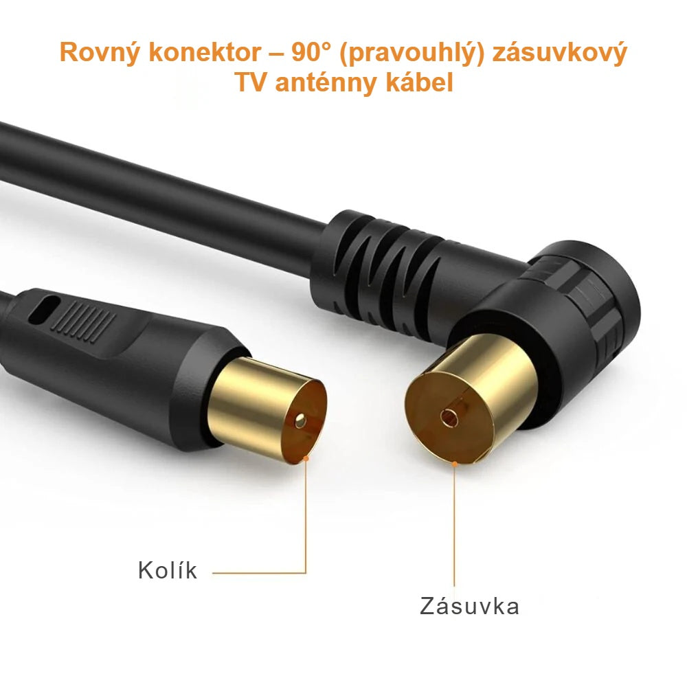 Koaxiálny anténny kábel s rovnou zástrčkou a 90° pravouhlým zásuvkovým konektorom