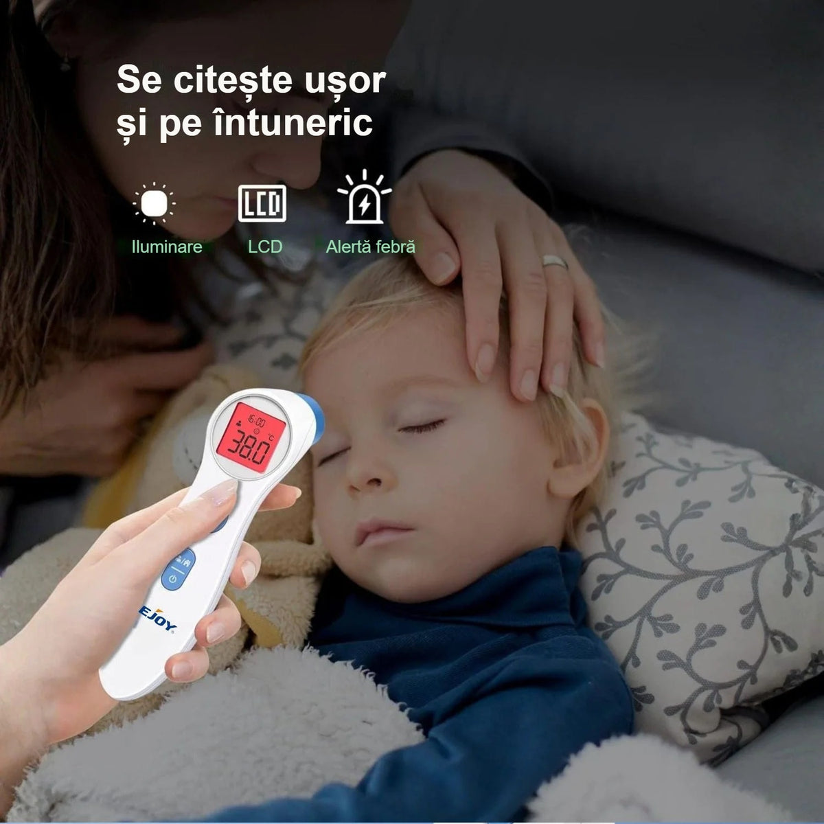 Măsurarea fără contact a frunții unui bebeluș care doarme, pe întuneric