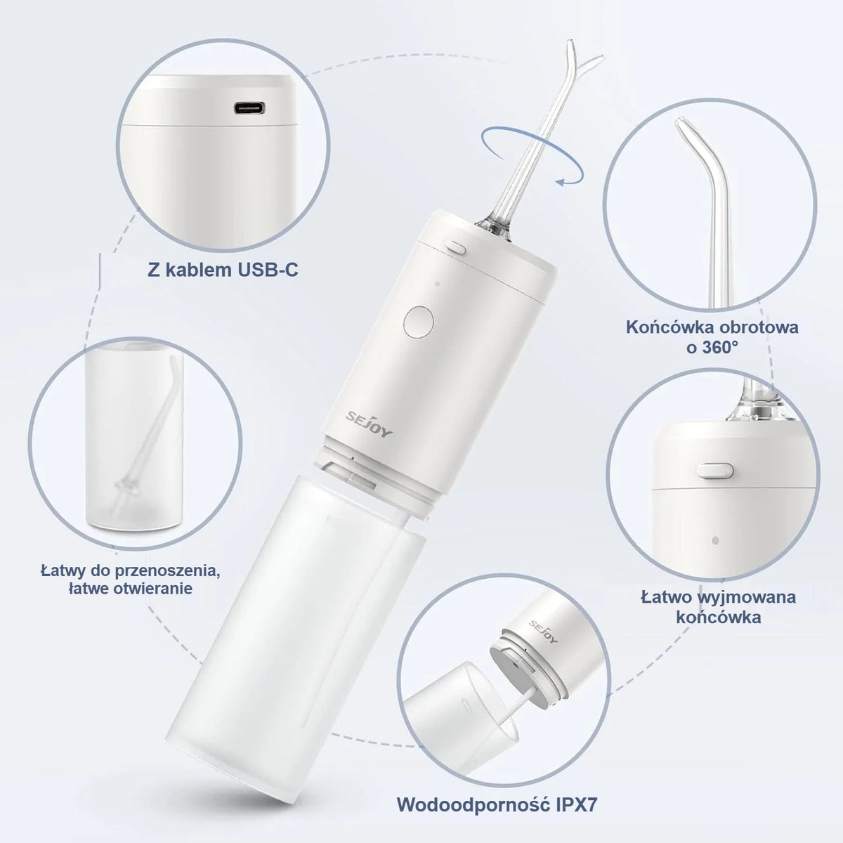 Irygator z ładowaniem USB-C, końcówką obracaną o 360° i łatwo otwieranym zbiornikiem