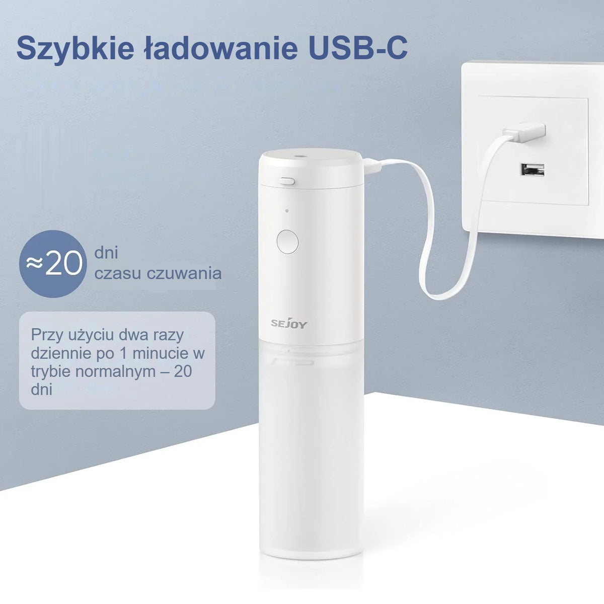 Biały irygator do zębów z szybkim ładowaniem USB-C w łazience