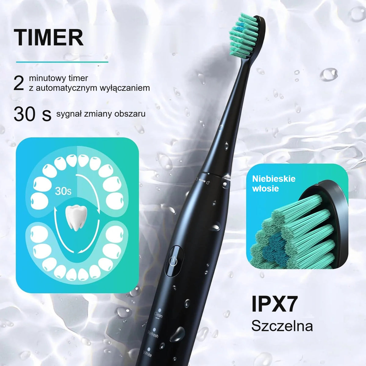 Inteligentny timer, niebieskie włosie wskaźnikowe i wodoodporność IPX7 szczoteczki elektrycznej