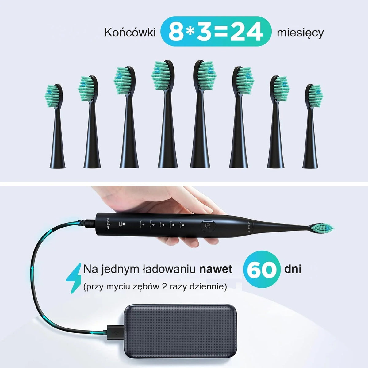 8 końcówek i ładowanie USB szczoteczki elektrycznej, jedno ładowanie nawet na 60 dni