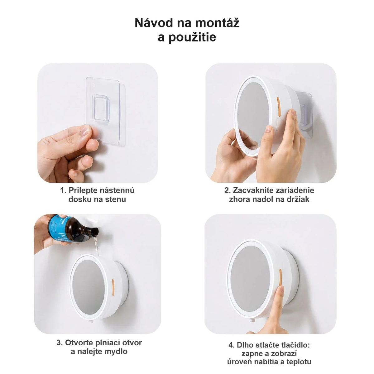 Kroky montáže automatického dávkovača penového mydla na stenu