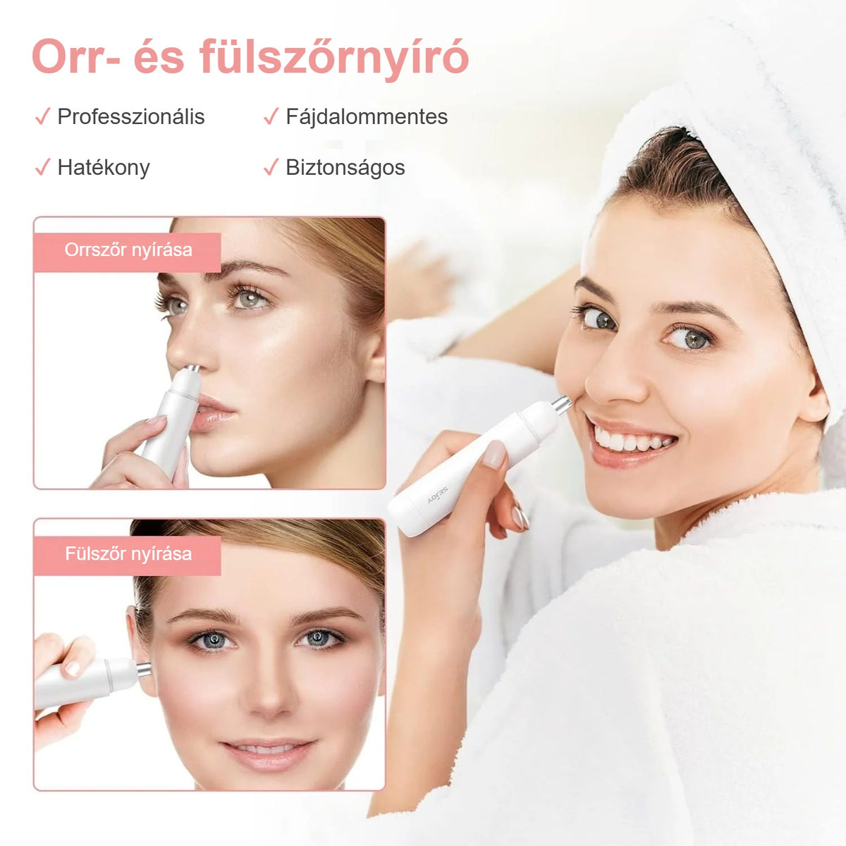 Nő orrszőrnyíróval, orr- és fülszőr nyírása