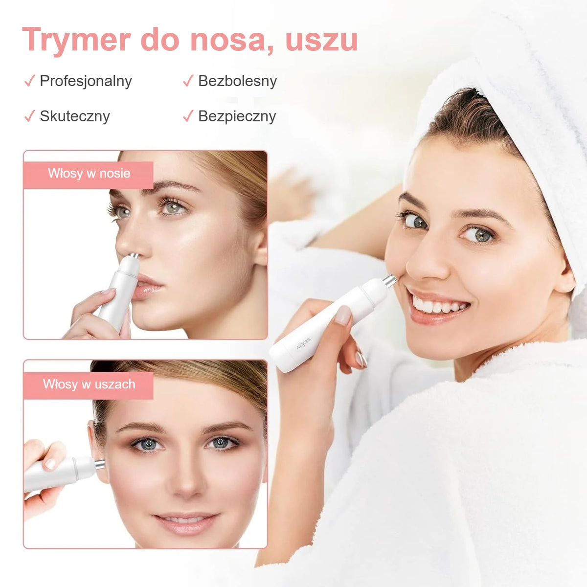 Kobieta z trymerem – przycinanie włosów w nosie i uszach