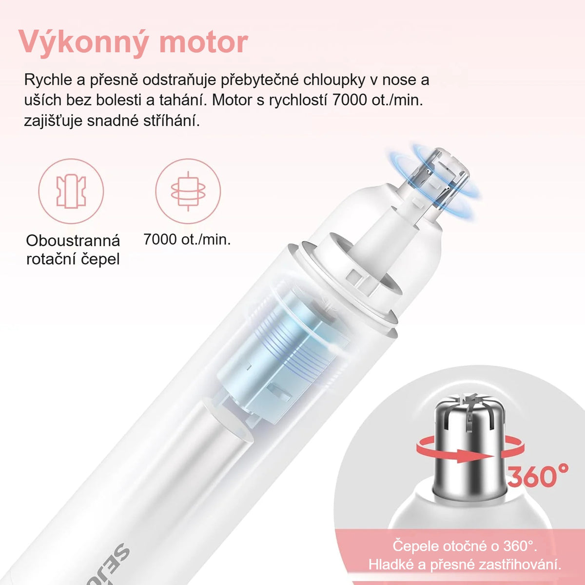 Výkonný motor a oboustranná rotační čepel zastřihovače chloupků v nose
