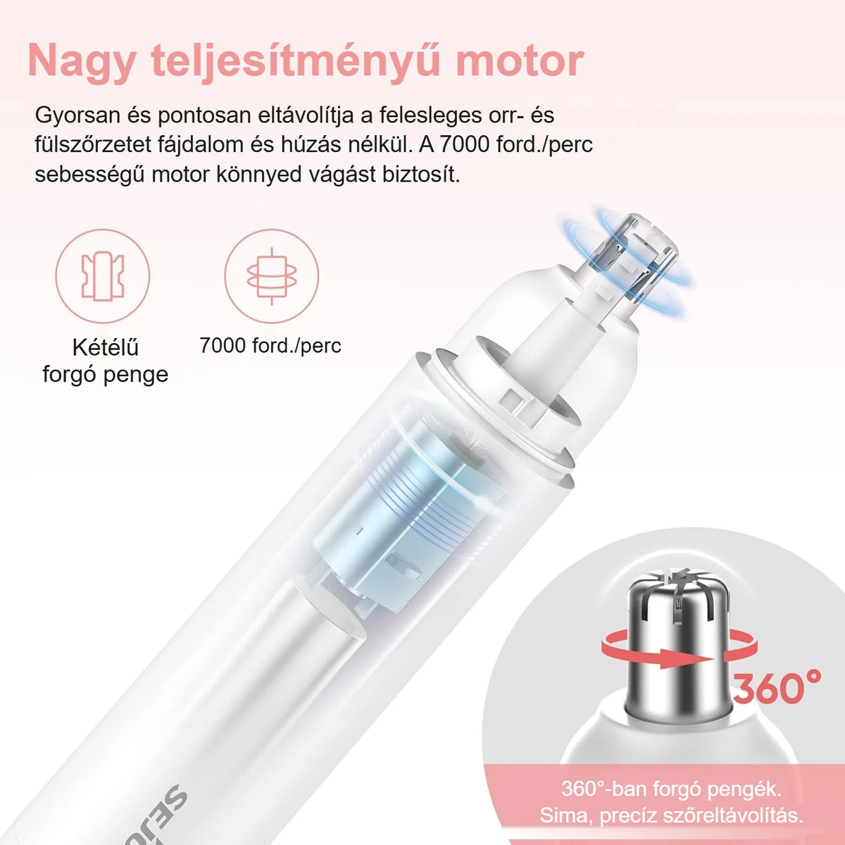 Orrszőrnyíró nagy teljesítményű motorja és kétélű forgó pengéje