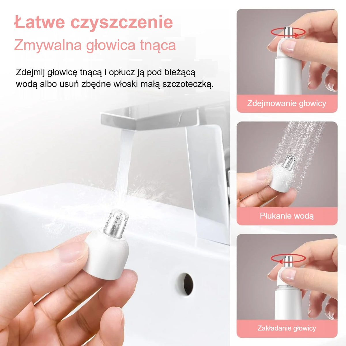 Płukanie głowicy trymera do nosa pod bieżącą wodą
