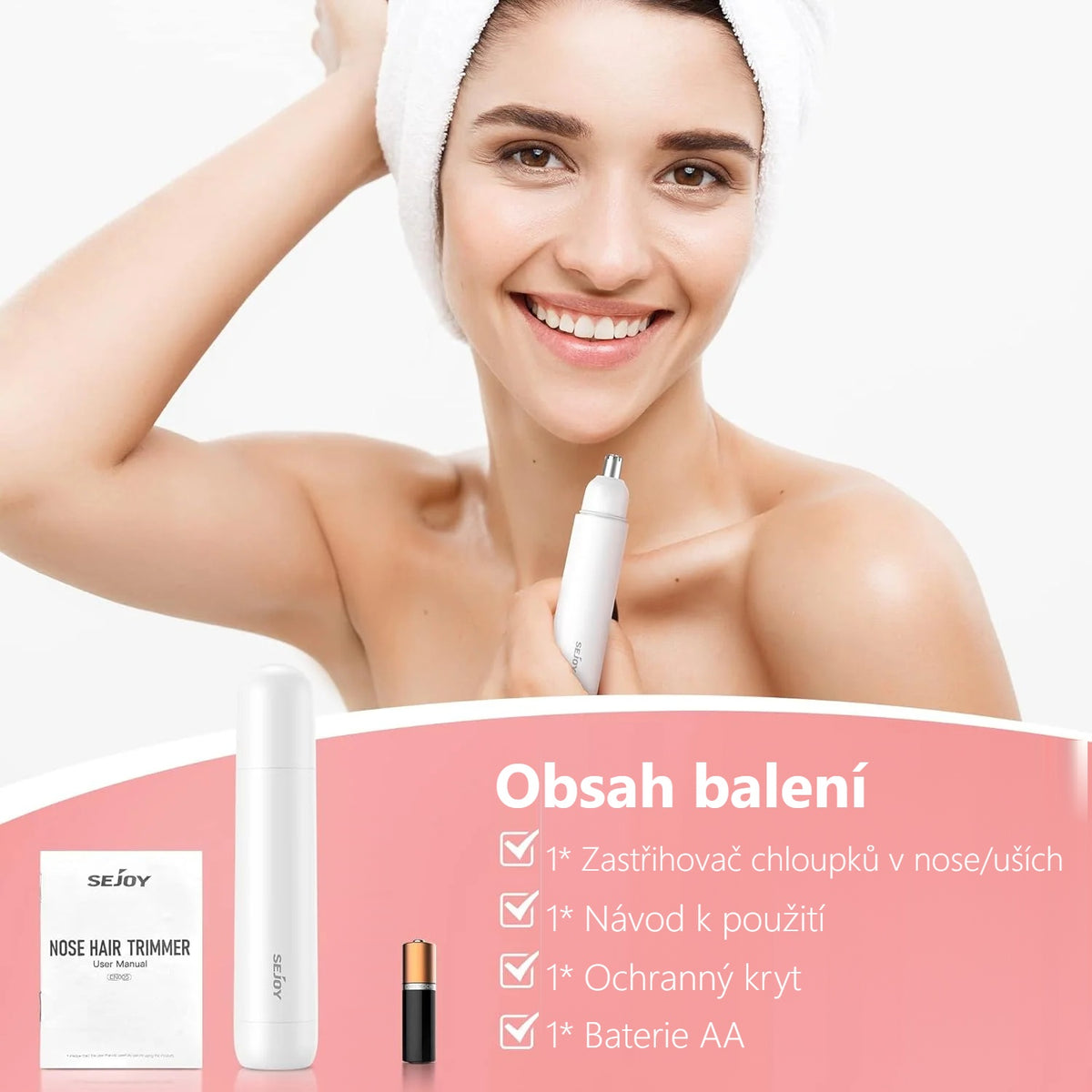 Usmívající se žena, pod ní obsah balení zastřihovače chloupků v nose