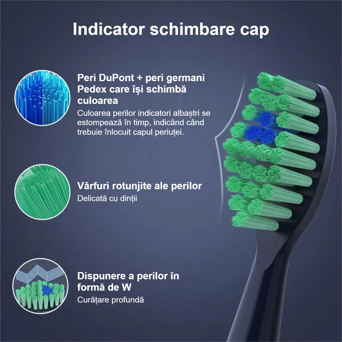 Capete de periuță cu peri DuPont și indicator de înlocuire care își schimbă culoarea