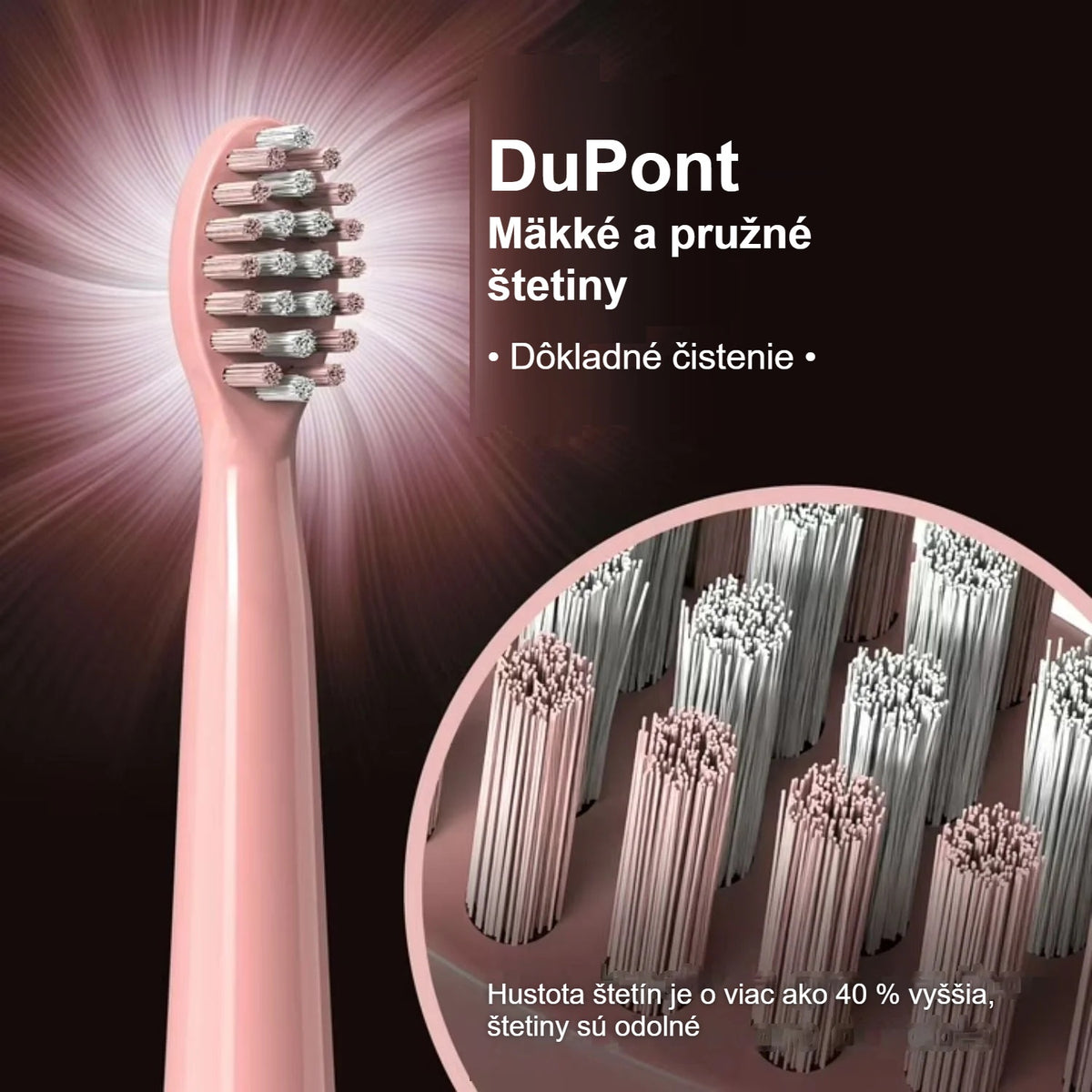 Mäkké štetiny DuPont na ružovej hlavici zubnej kefky, zblízka