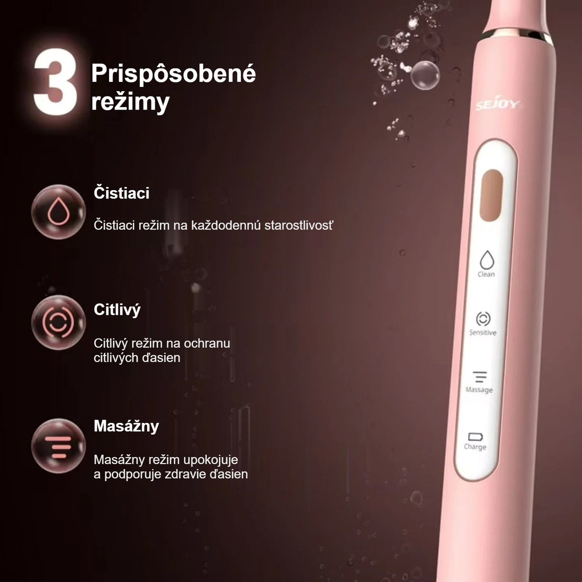 3 režimy sonickej elektrickej zubnej kefky: čistiaci, citlivý, masážny
