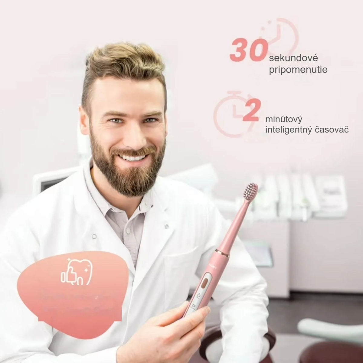 Usmiaty muž s elektrickou zubnou kefkou, 30-sekundový a 2-minútový časovač