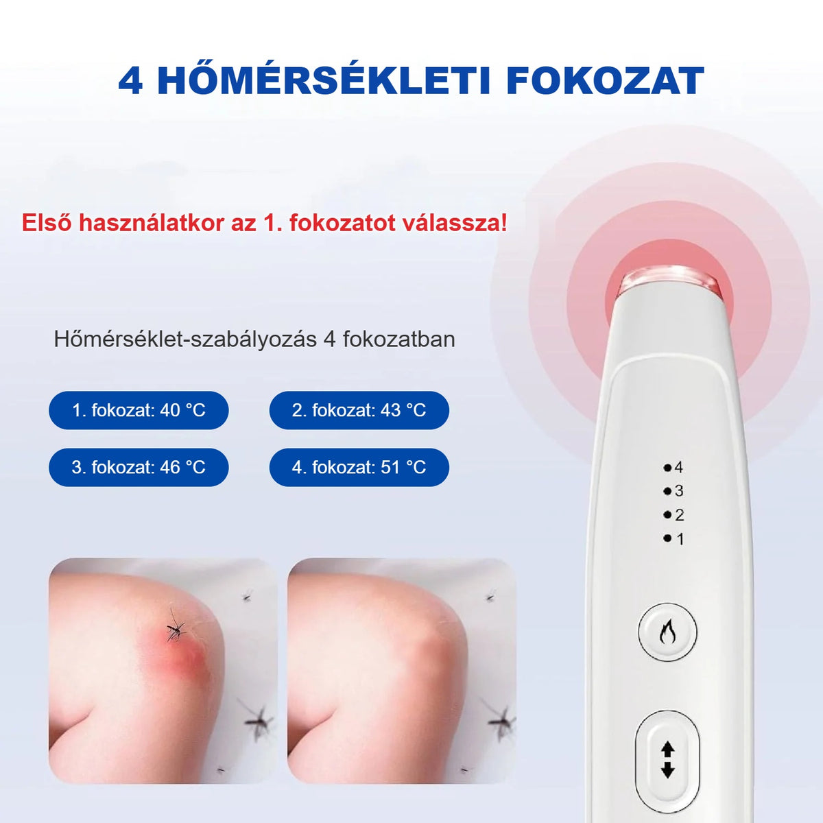 Csípéskezelő 4 hőfokozata: 40, 43, 46 és 51 °C
