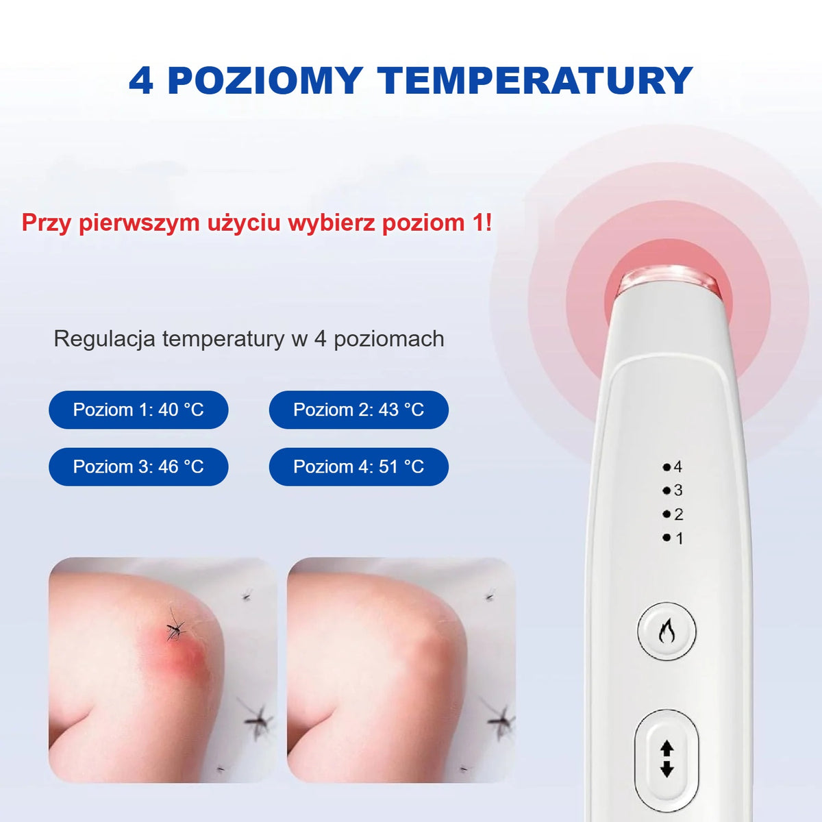 4 poziomy temperatury urządzenia na ukąszenia: 40, 43, 46 i 51 °C