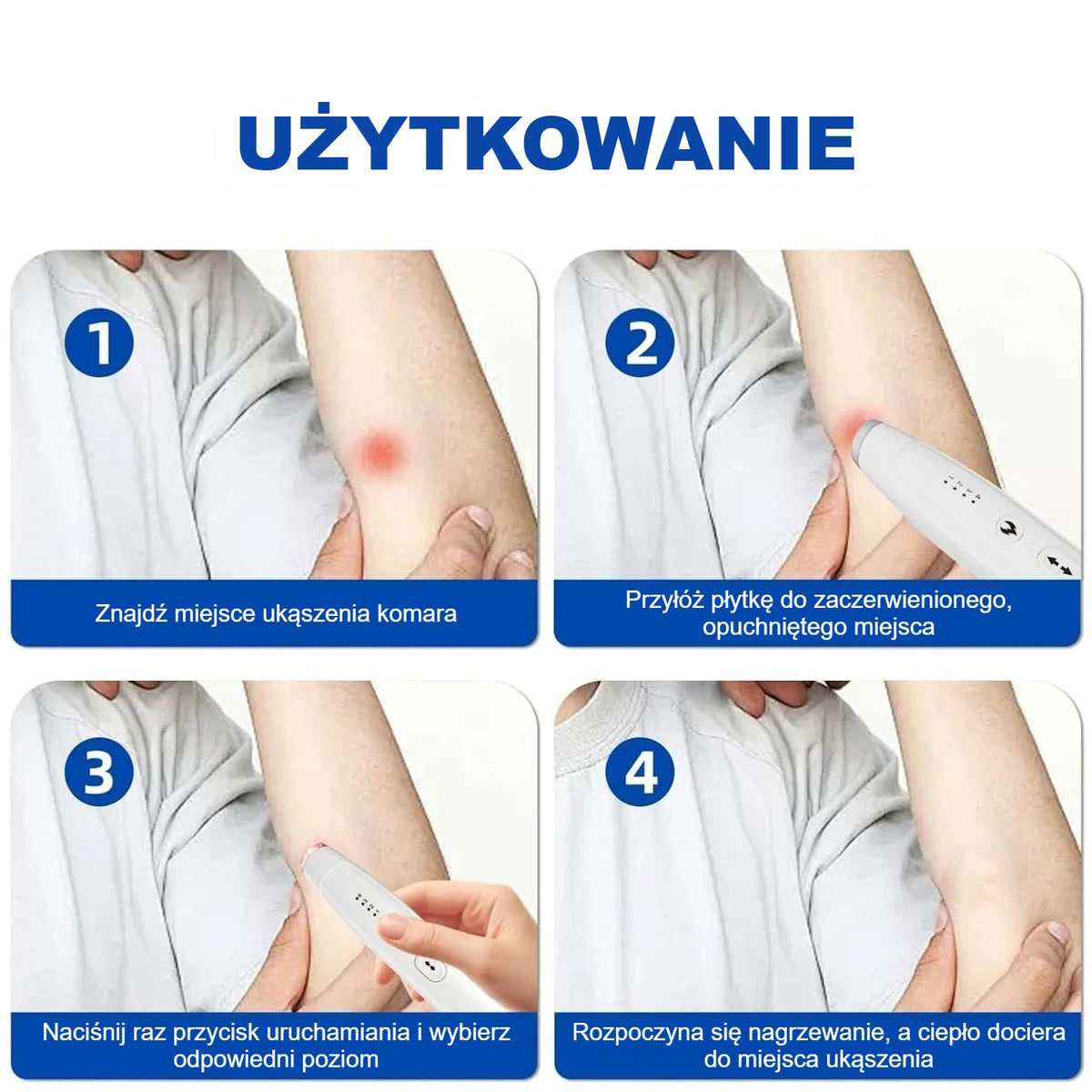Użycie urządzenia na ukąszenia w 4 krokach w miejscu ukąszenia