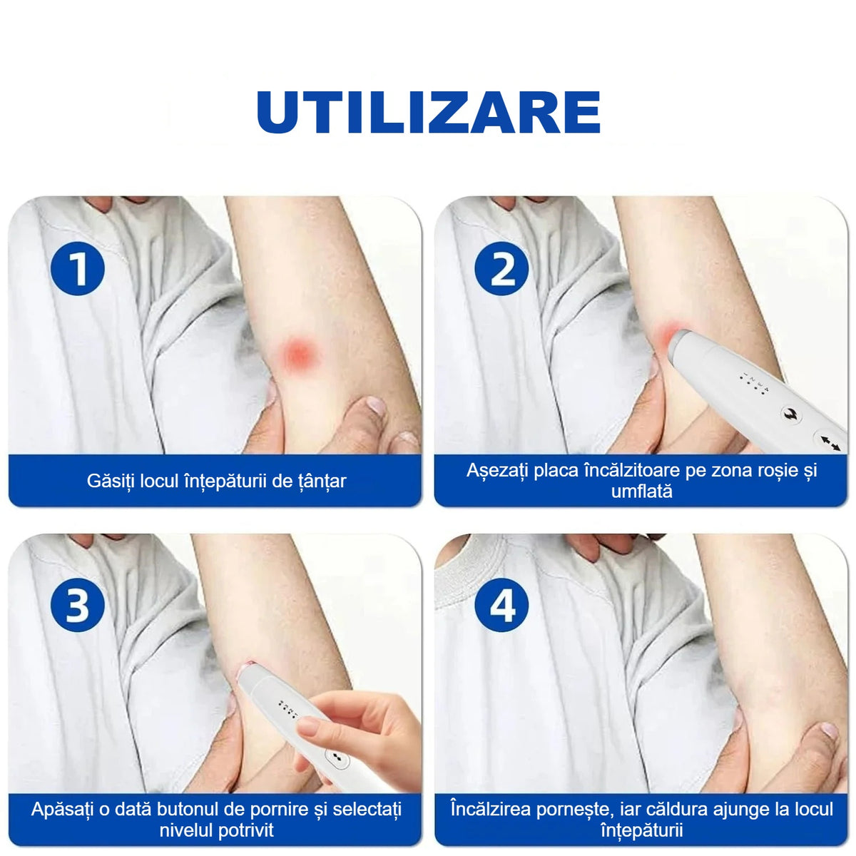 Utilizarea dispozitivului pentru înțepături de insecte în 4 pași, pe locul înțepăturii